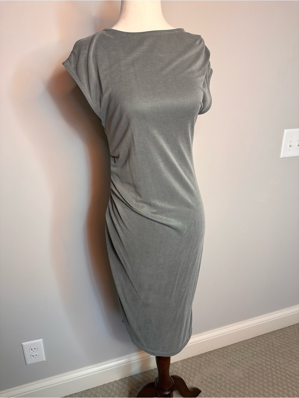 Sz 4 Topshop muted blue green ruched cap sleeve high neck midi dress